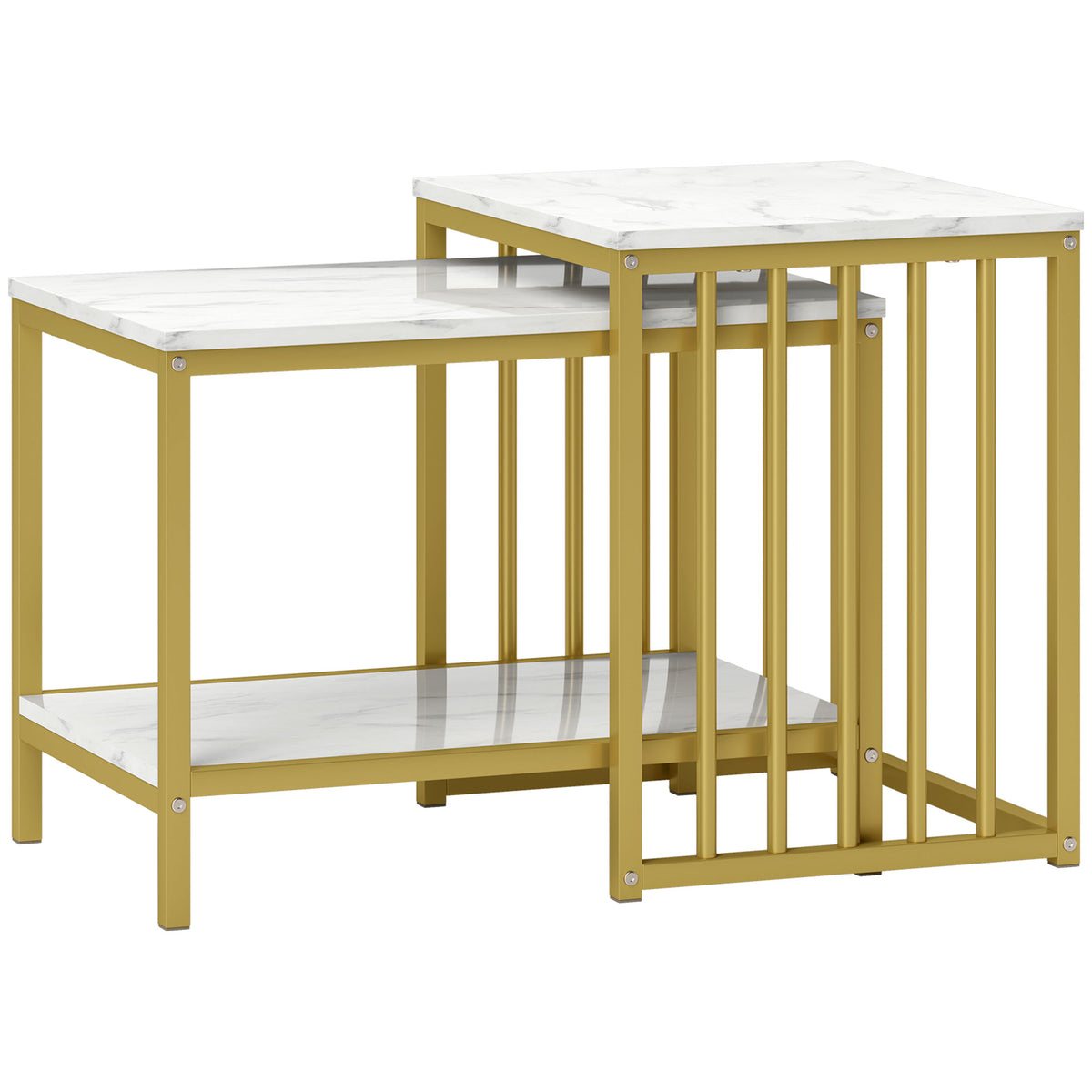 HOMCOM Modern Coffee Table Set of Two, Marble-Effect Nesting Side Tables with Steel Frame for Living Room, Gold Tone