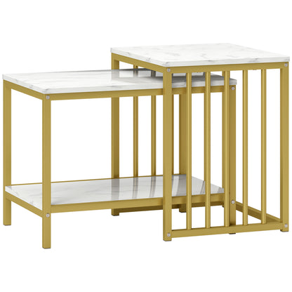 HOMCOM Modern Coffee Table Set of Two, Marble-Effect Nesting Side Tables with Steel Frame for Living Room, Gold Tone