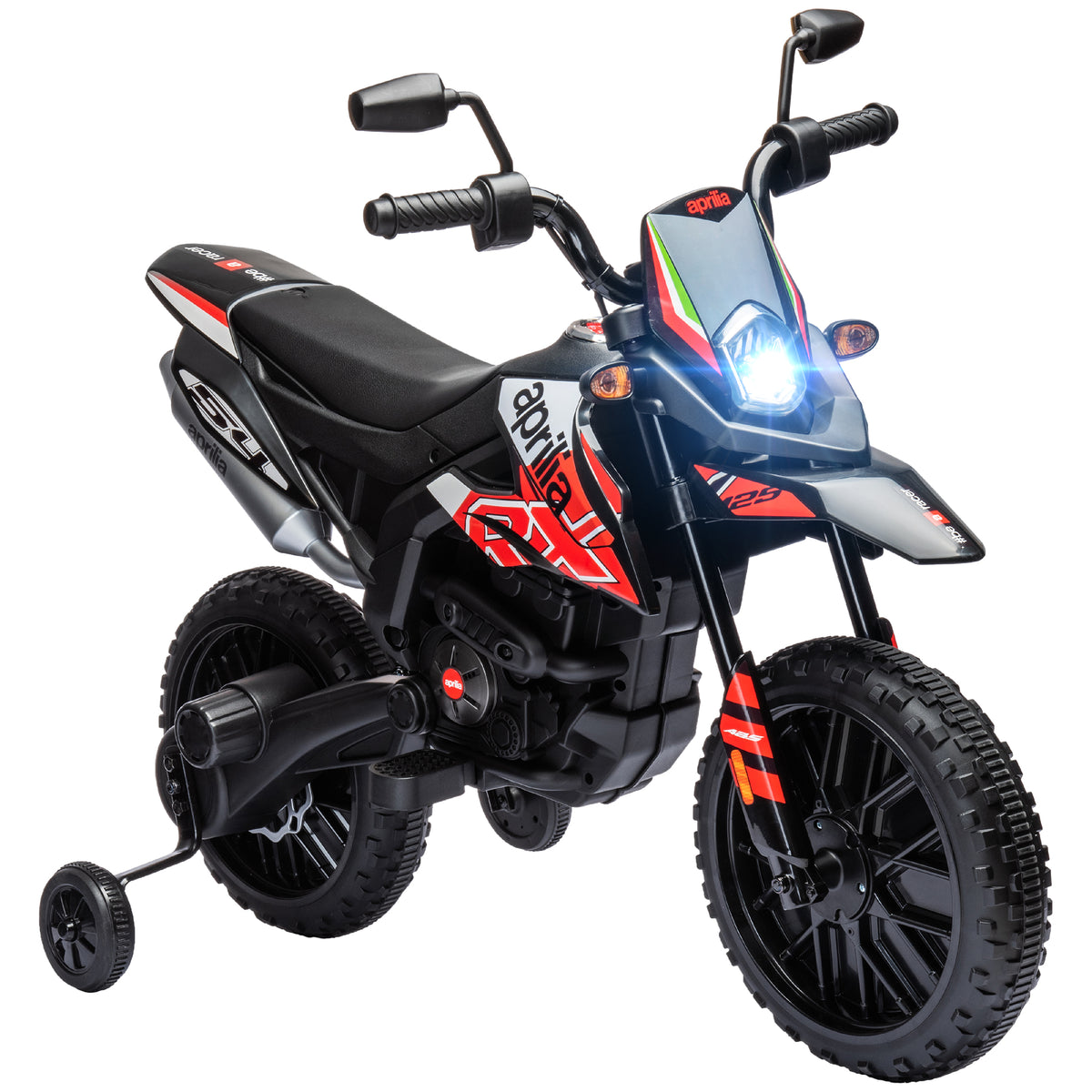 AIYAPLAY 12V Aprilia Licensed Kids Motorbike with Training Wheels, Spring Suspension, LED Headlight, USB, Music, Red/Black