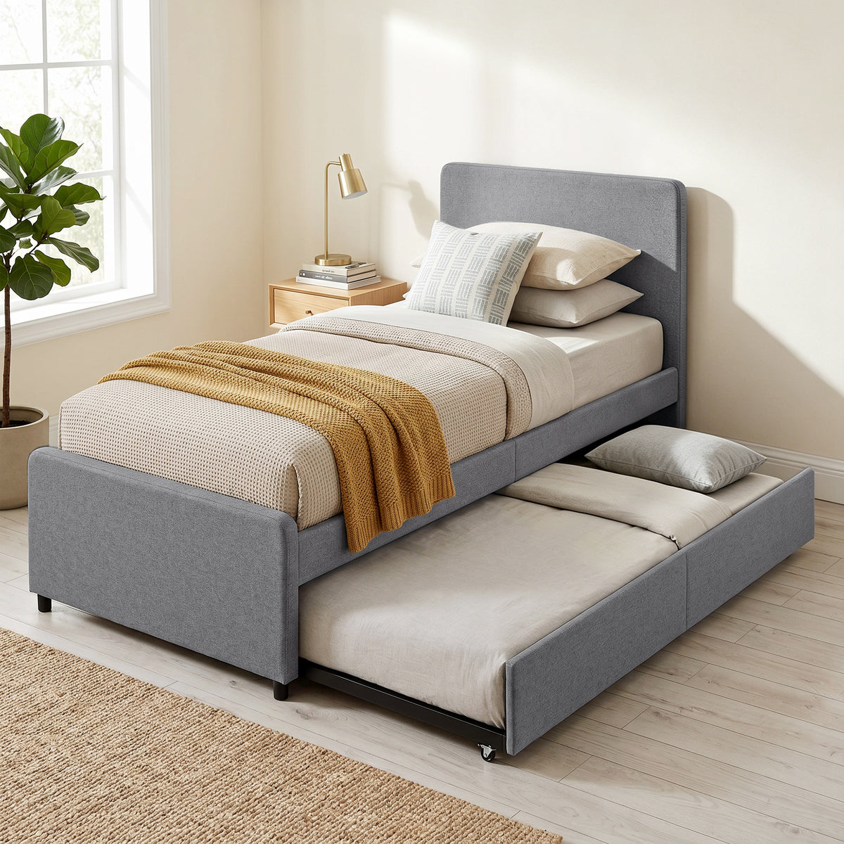 HOMCOM 3ft Single Bed Frame with Trundle, Upholstered Pull Out Trundle Bed with Headboard and Footboard, Dark Grey