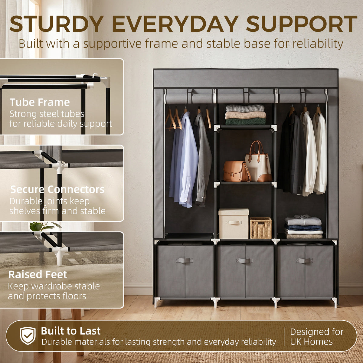 HOMCOM Foldable Fabric Wardrobe for Bedroom, Portable Wardrobe with 5 Shelves, 2 Hanging Rails and 3 Fabric Drawers, Dark Grey
