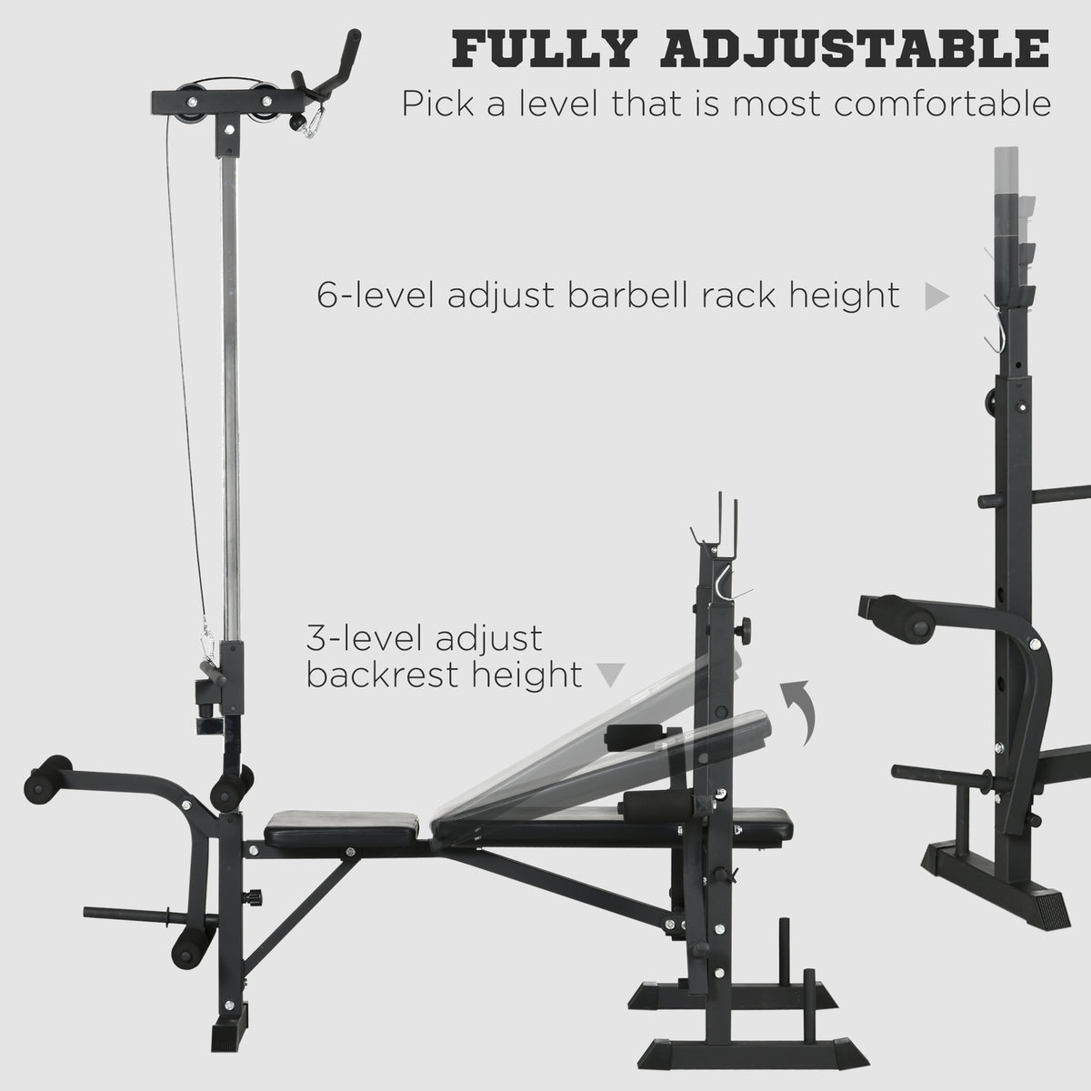 HOMCOM Adjustable Weight Bench with Pulley System, Incline Bench Press Set with Squat Rack, Leg Developer, Butterfly and Weight Storage, for Home Gym Full Body Workout