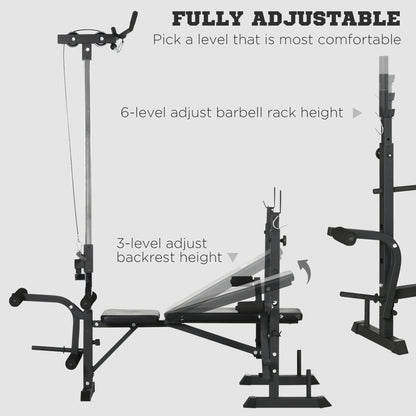 HOMCOM Adjustable Weight Bench with Pulley System, Incline Bench Press Set with Squat Rack, Leg Developer, Butterfly and Weight Storage, for Home Gym Full Body Workout