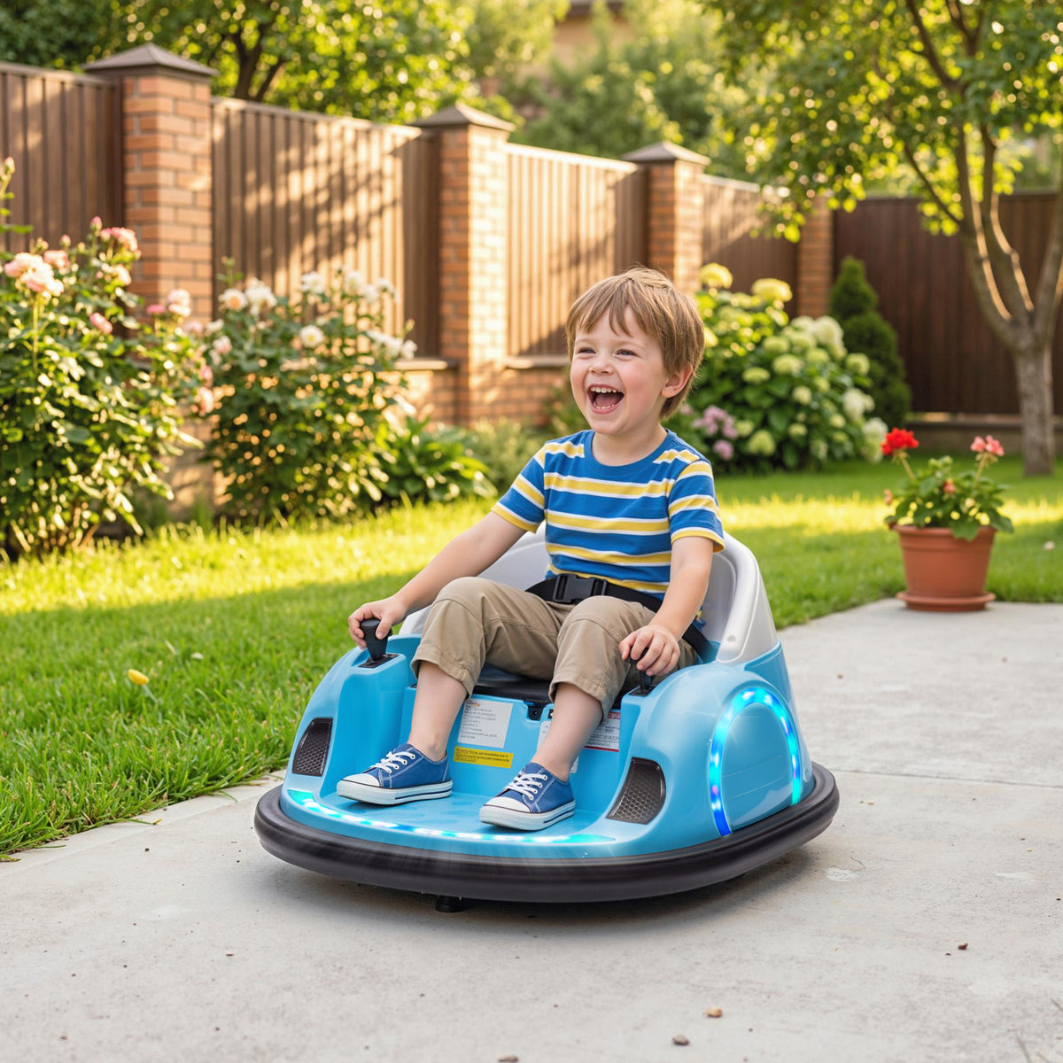 AIYAPLAY 360° Rotation Kids Bumper Car, 12V Waltz Car with Remote Control, Dual Joystick, Music, Lights, Light Blue