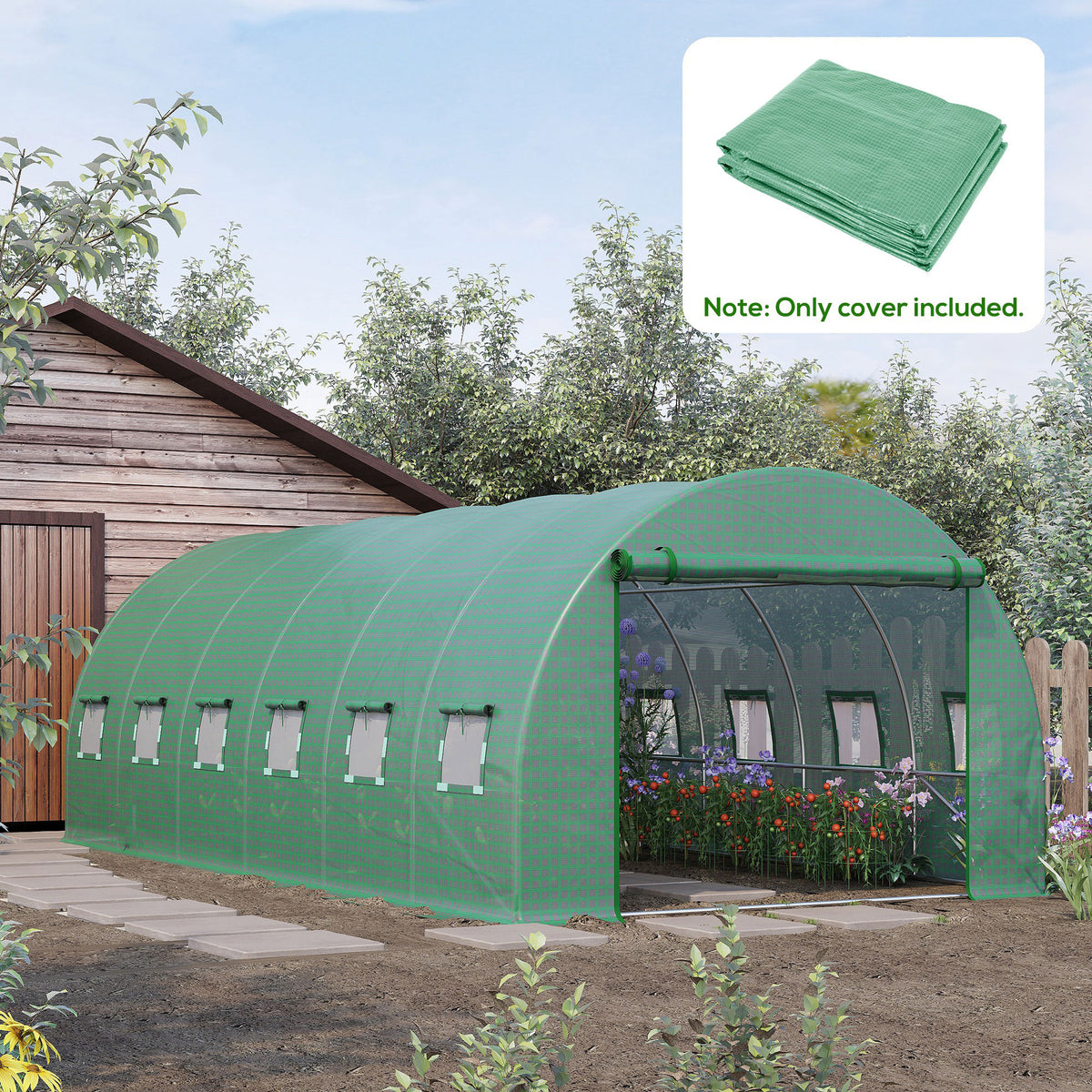 Outsunny 6 x 3 x 2m Greenhouse Replacement Cover ONLY Winter Garden Plant PE Cover for Tunnel Walk-in Greenhouse with Roll-up Windows Door Outdoor, Green
