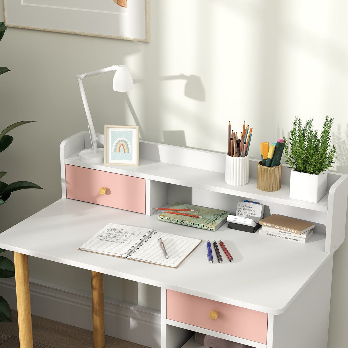AIYAPLAY 2 Pieces Children Study Table with Hutch, Kids Desk and Chair Set with Storage, Drawer, Shelves, Pink