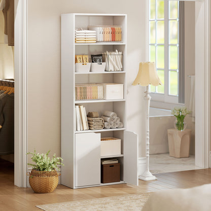 HOMCOM 6-Tier Tall Bookcase, Bookshelf with 4 Open Shelves and Double Door Storage Cabinet, Freestanding Display Rack for Living Room, Bedroom, Home Office, Study, 59 x 29 x 180cm, White