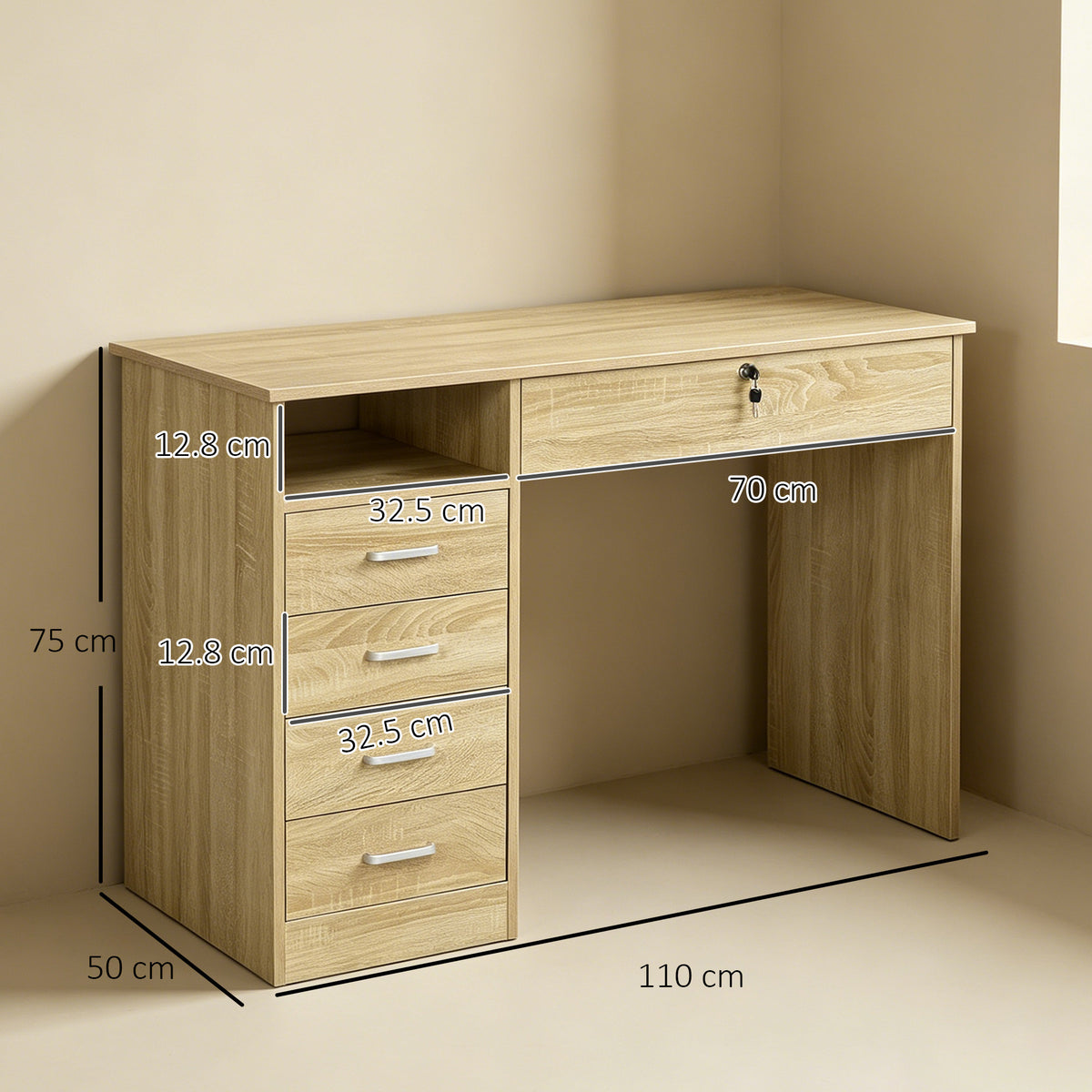 HOMCOM Computer Desk with 5 Drawers, Home Office Desk with Lockable Drawer and Storage Shelf, Study Table for Bedroom, 110 x 50 x 76 cm, Oak