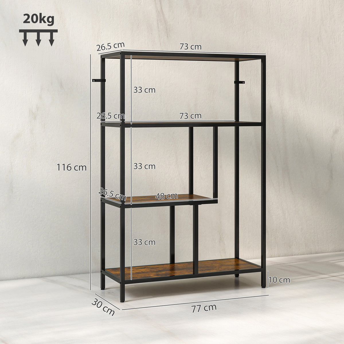 HOMCOM 4-Tier Bookshelf with Open Shelves - Rustic Brown