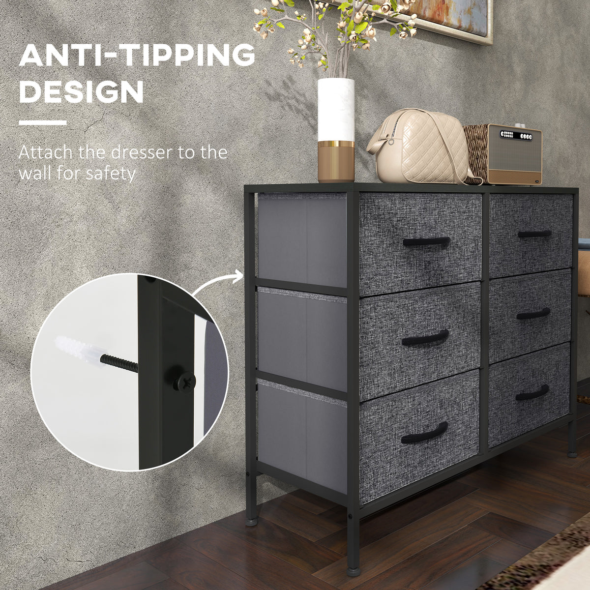 HOMCOM Fabric Chest of Drawers, Industrial Bedroom Dresser with 6 Fabric Drawers, Steel Frame and Wooden Top for Nursery, Living Room, Hallway, Black