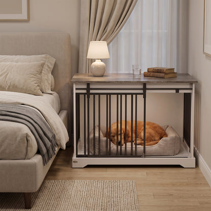 PawHut 100 cm Large Dog Crate Furniture with Sliding Barn Door for Large Dogs, White