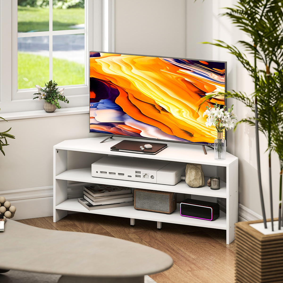 HOMCOM Corner TV Stand with 2 Open Shelves for 47 Inch TV - White