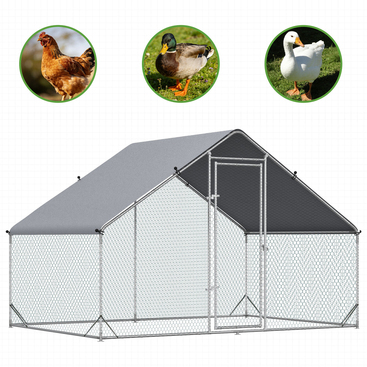 PawHut Chicken Run Galvanised 3 x 2 x 2m Walk-in Chicken Coop Hen Poultry House Cage with Water-Resist Cover, Silver