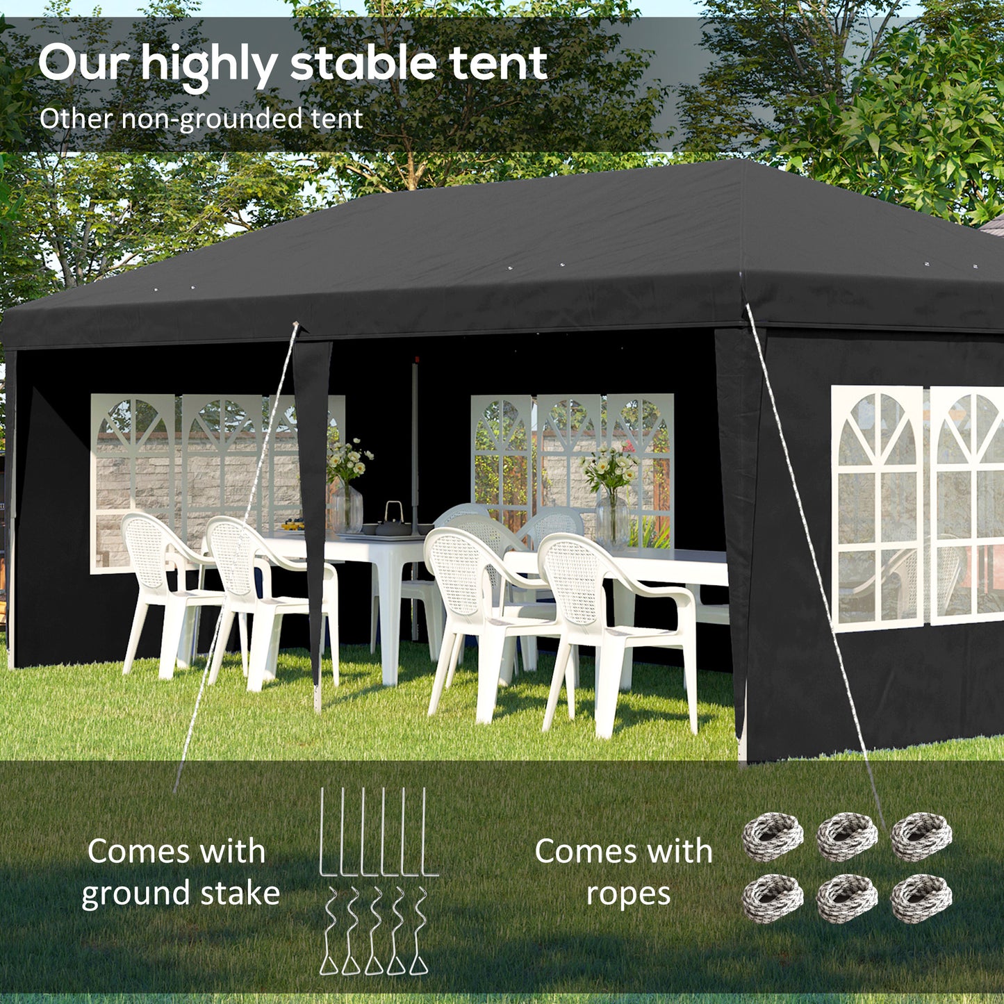 Outsunny 3 x 6m Garden Pop Up Gazebo, Height Adjustable Marquee Party Tent with Sidewalls, Storage Bag, Black