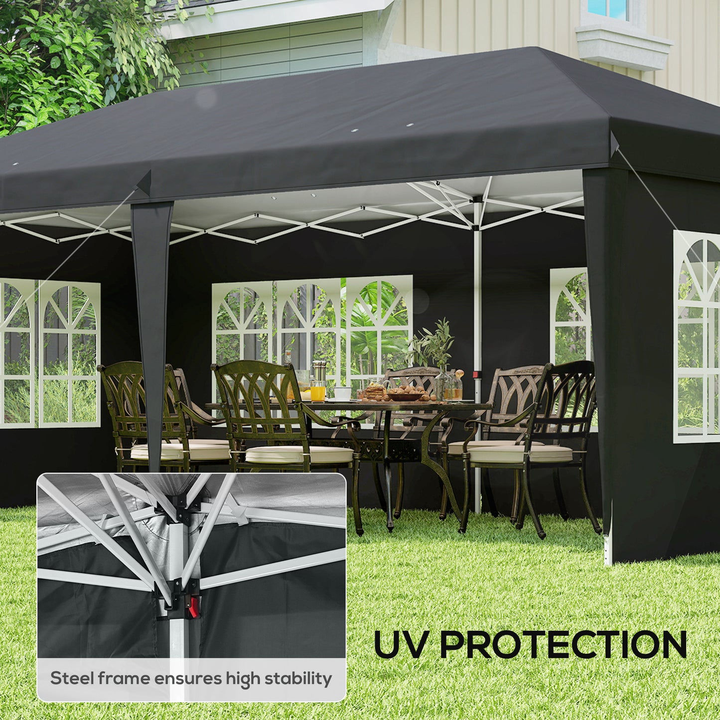 Outsunny 3 x 6m Garden Pop Up Gazebo, Height Adjustable Marquee Party Tent with Sidewalls, Storage Bag, Black