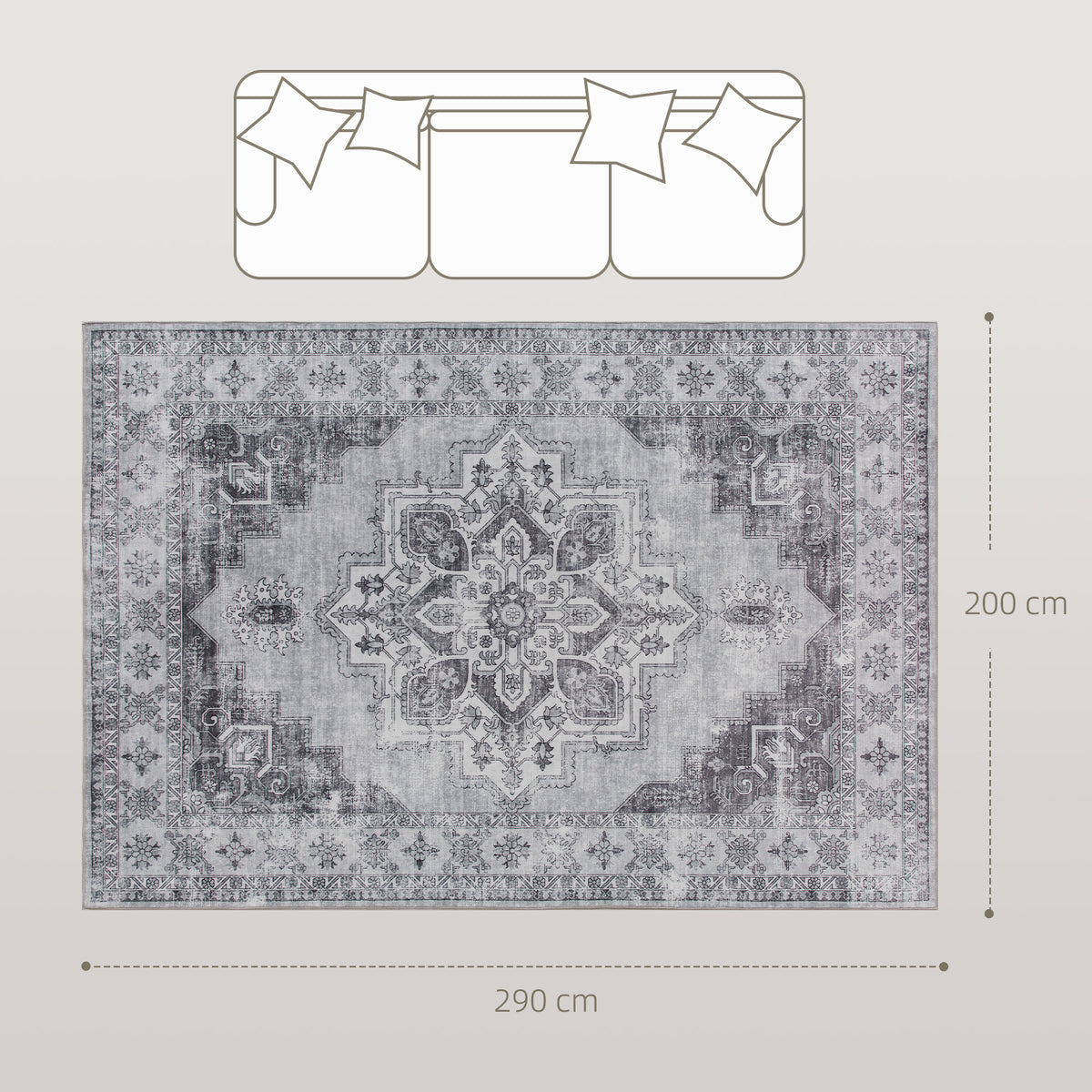 HOMCOM Vintage Area Rug, Non-Slip Washable Rug, Flannel Floor Carpet for Living Room, Bedroom, Dining Room, Home Office, 290 x 200 cm, Grey