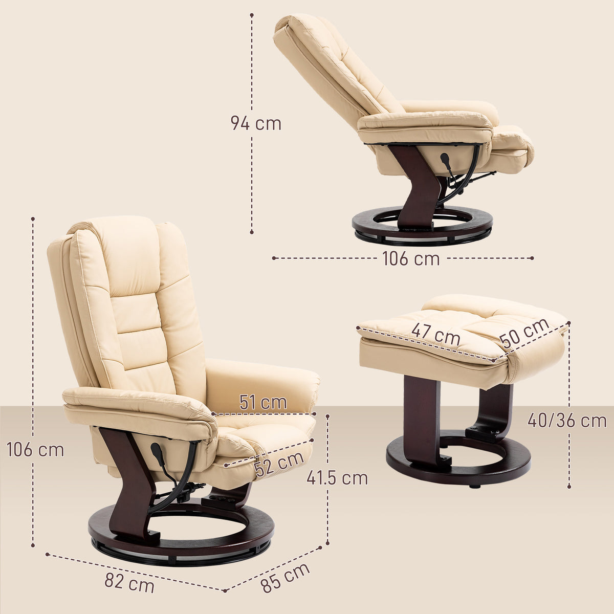 HOMCOM Faux Leather 135° Reclining Chair and Footstool - Beige
