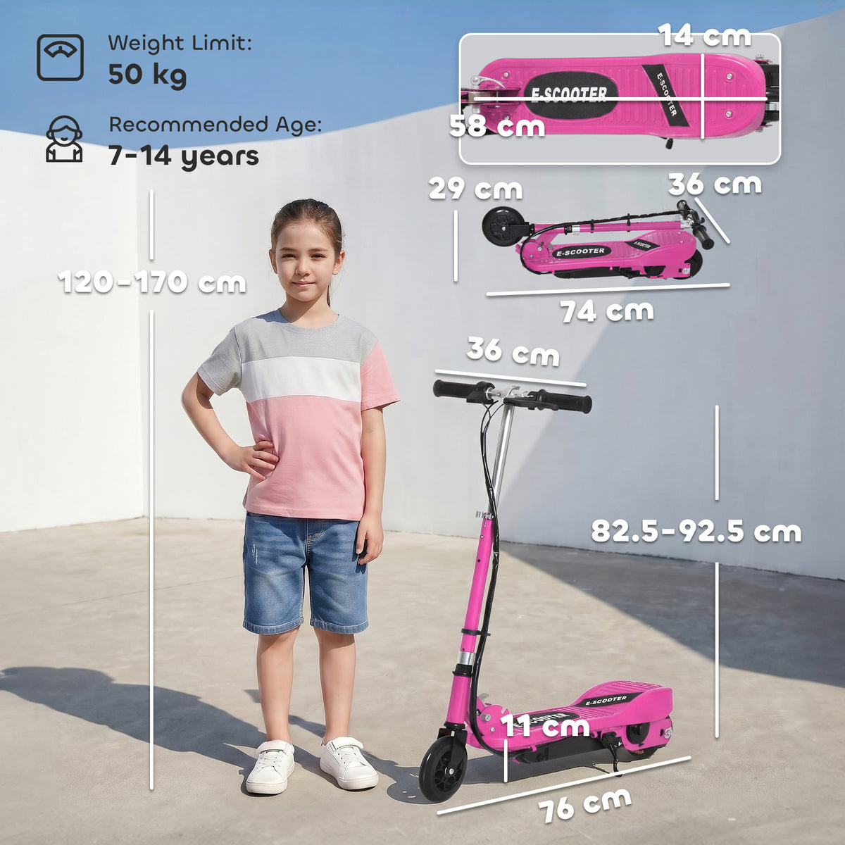 HOMCOM Foldable Electric Kids Scooter, Ride-on for Ages 7-14 Years, Pink