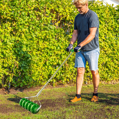 Outsunny Rolling Lawn Aerator, Manual Grass Spike Roller, Heavy Duty Garden Aerator with 3 Piece Detachable Handle and T-bar Grip, Outdoor Garden Lawn Tool, Dark Green