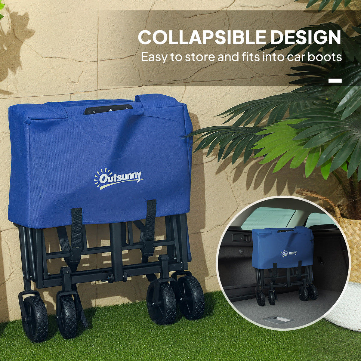 Outsunny 93L Festival Trolley on Wheels, Garden Folding Trolley Cart, 100kg Heavy Duty Collapsible Folding Wagon with Adjustable Handle and Carrying Bag for Beach, Camping, Festival, Blue