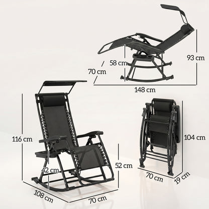 Outsunny Garden Rocking Chair Folding Recliner Outdoor Adjustable Sun Lounger Rocker Zero-Gravity Seat with Headrest Side Holder Patio Deck - Black