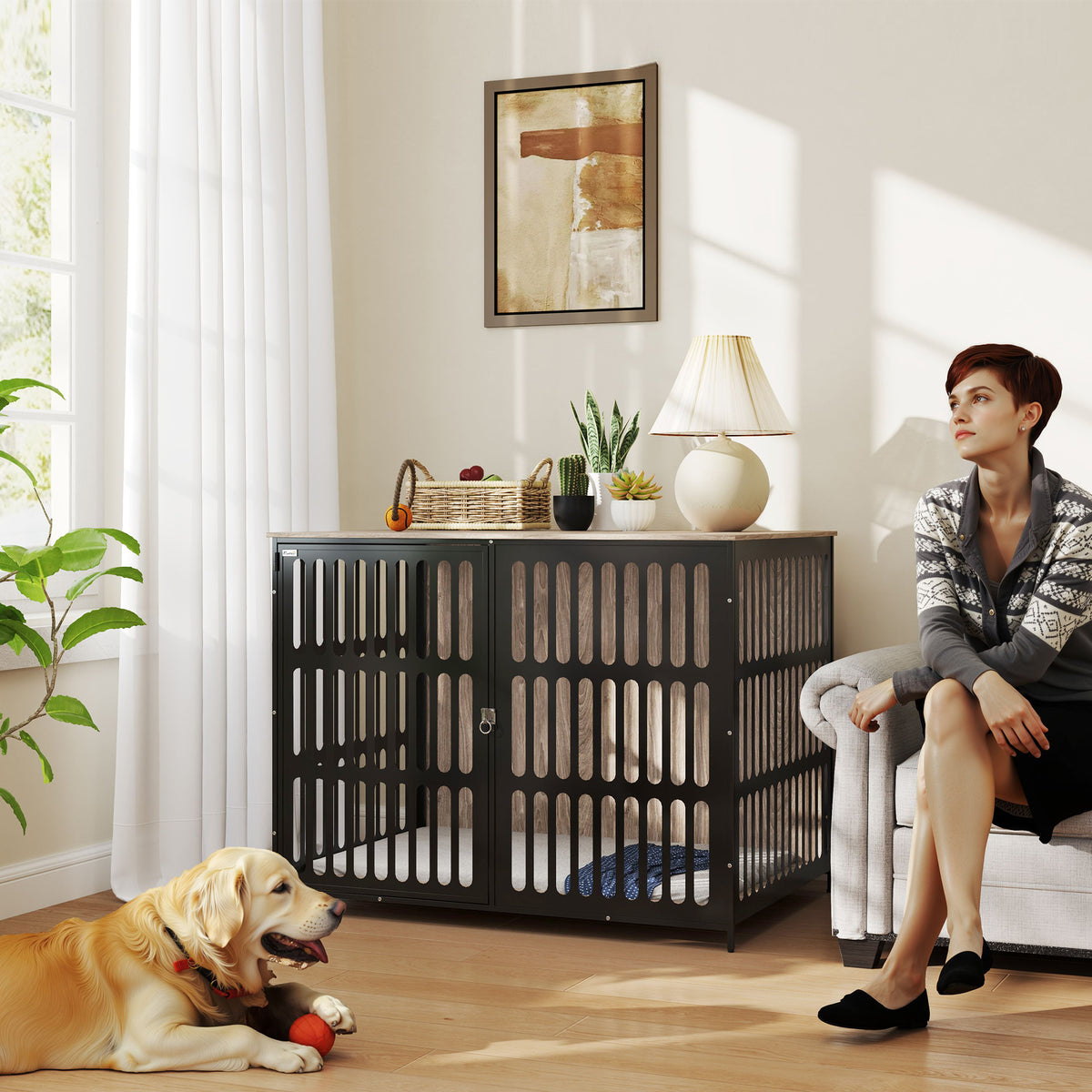 PawHut Dog Crate Furniture with Anti-Chew Resistant Mesh, Anti-Escape Single Door, for Extra Large Dogs, 118 x 80 x 92 cm