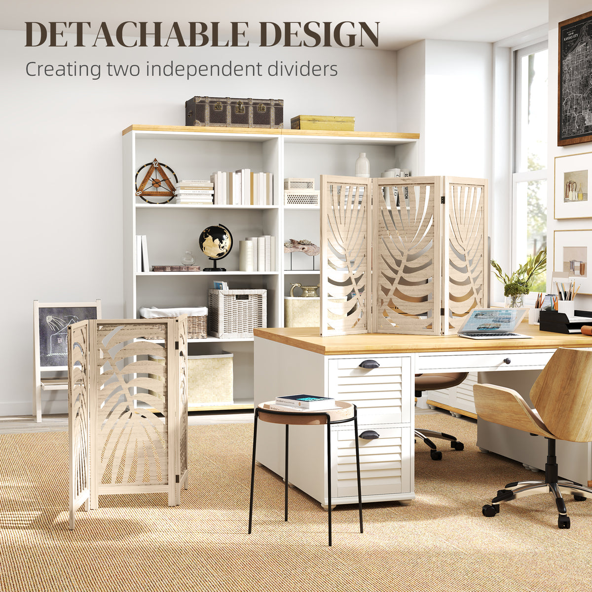 HOMCOM 3 Panel Room Divider, Detachable Folding Privacy Screens with Palm Leaf Design for Home Office, Natural Wood Finish