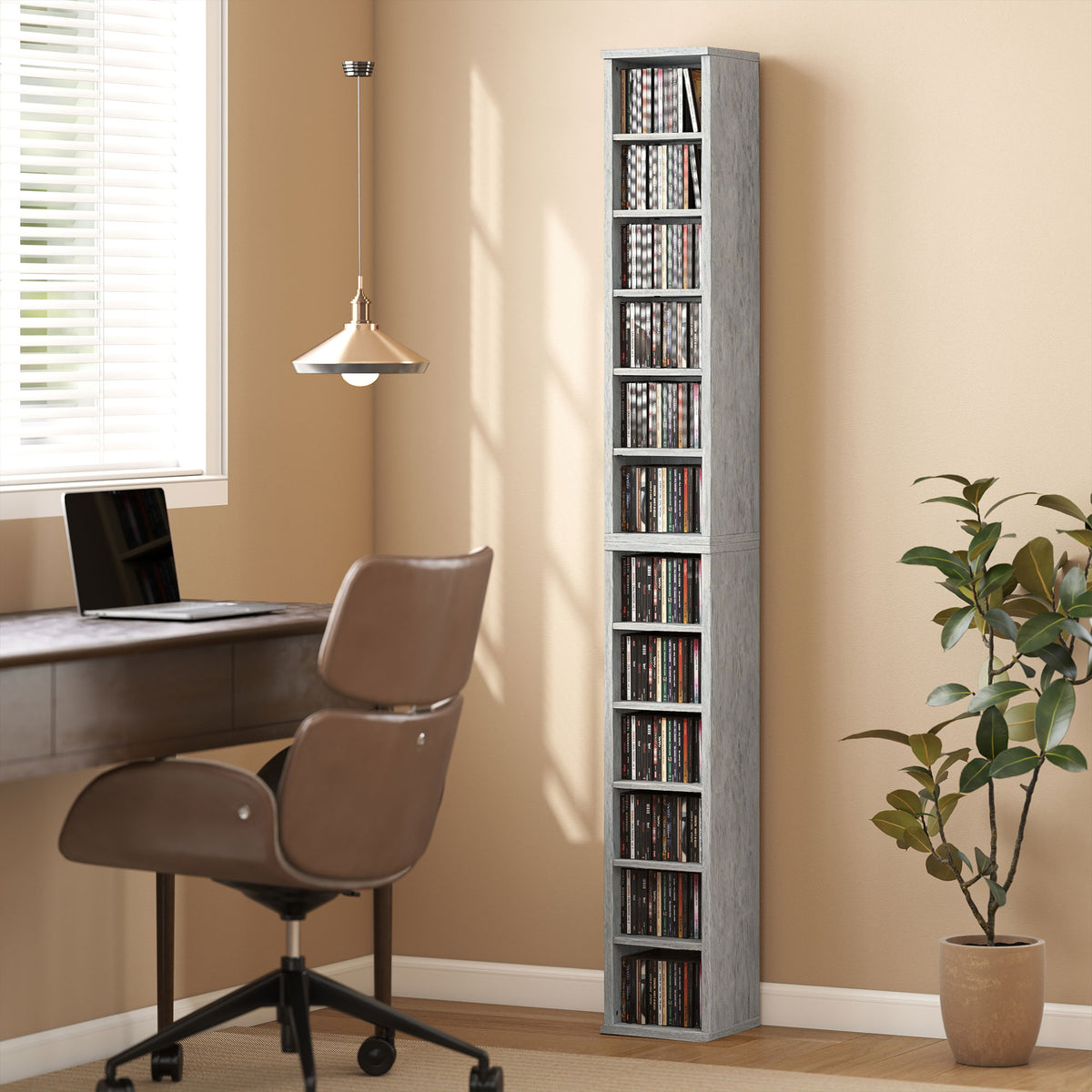HOMCOM Set of 2 CD Media Display Shelf Unit Tower Rack with Adjustable Shelves, Cement Grey
