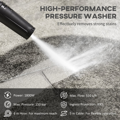 DURHAND 1800W High Pressure Washer, 150 Bar Pressure, 510 L/h Flow, High-Performance Portable Power Washer Jet Wash Cleaner with 6M Hose and Hose Reel for Garden, Car, Furniture, Yellow