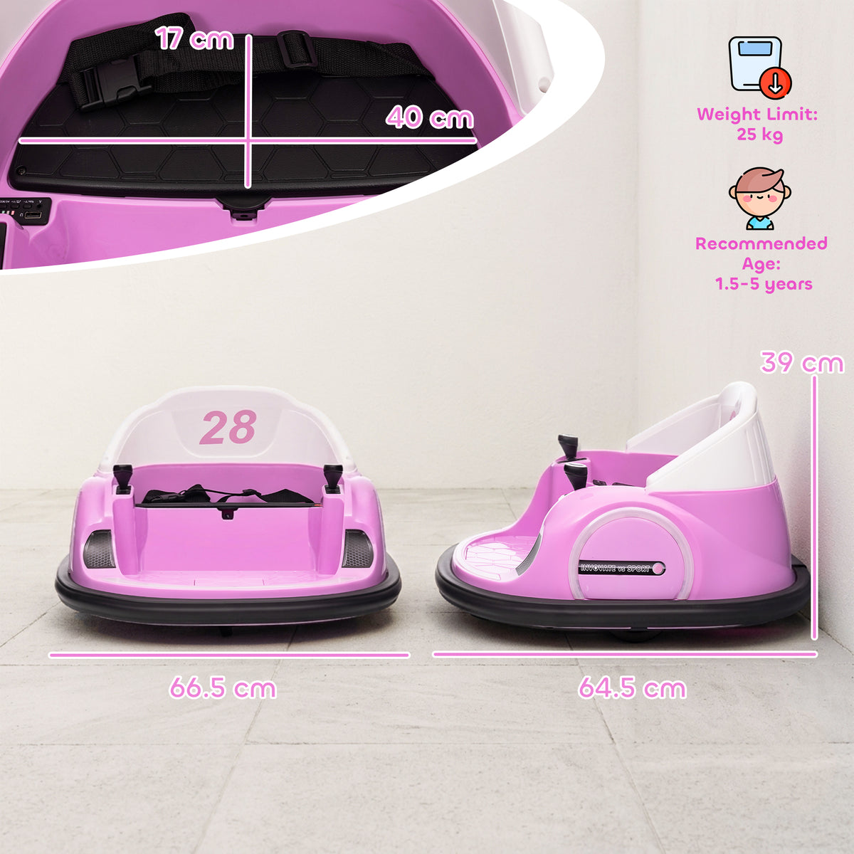 AIYAPLAY 360° Rotation Kids Bumper Car, 12V Waltz Car with Remote Control, Dual Joystick, Music, Lights, Pink