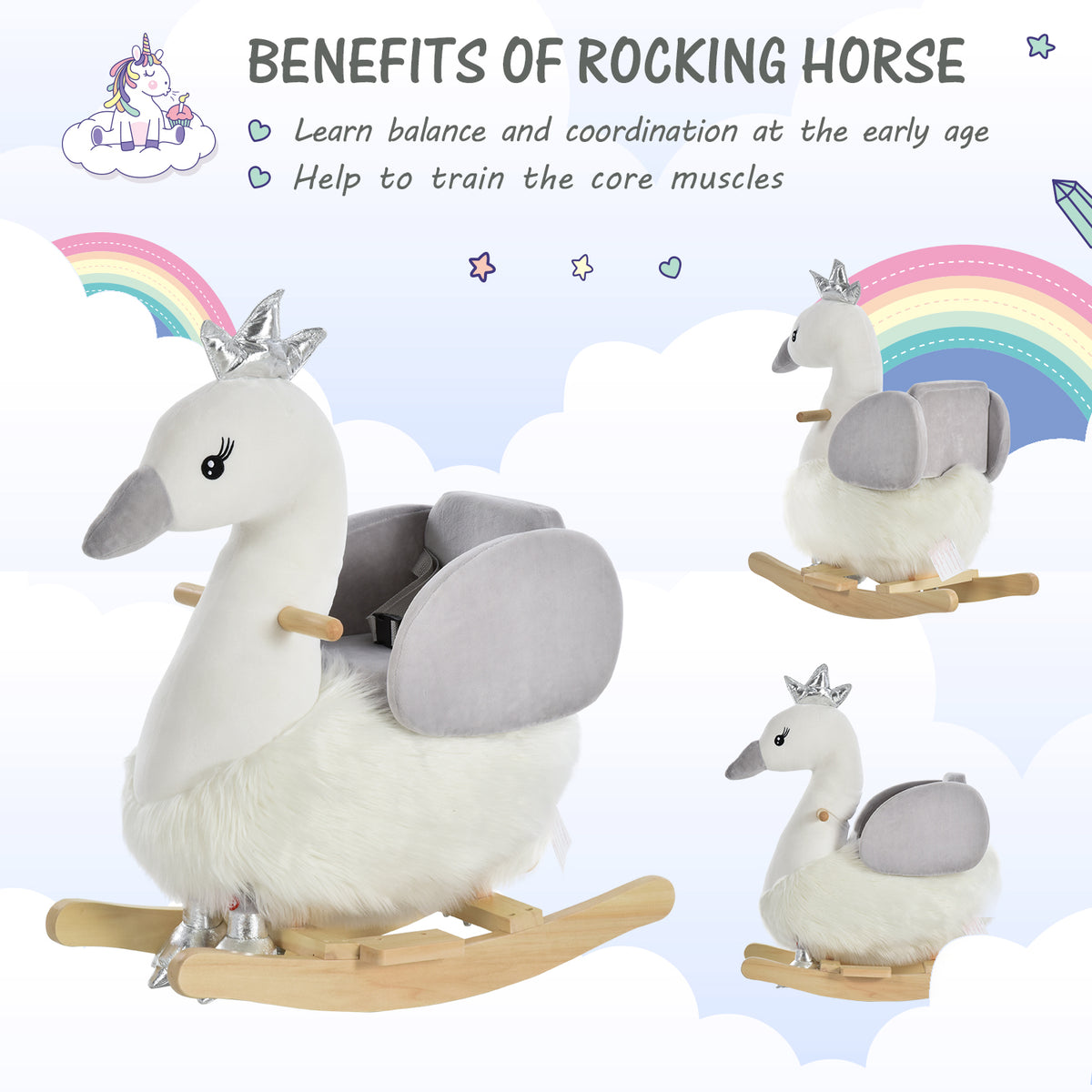 HOMCOM Kids Rocking Horse, Children Plush Ride On Swan Animal Rocker w/ Sound, Wood Base Seat, Seat Belt, Baby Toy Rocker for Toddler 18 - 36 Months, White and Grey