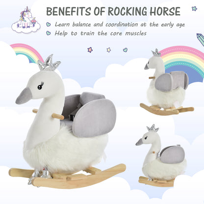 HOMCOM Kids Rocking Horse, Children Plush Ride On Swan Animal Rocker w/ Sound, Wood Base Seat, Seat Belt, Baby Toy Rocker for Toddler 18 - 36 Months, White and Grey