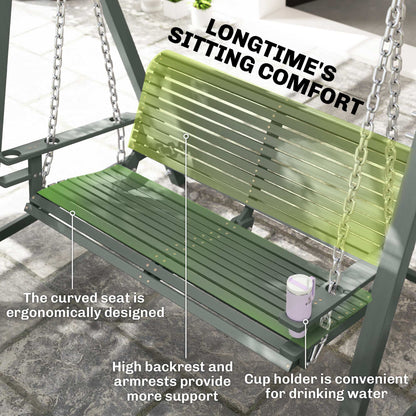 Outsunny 2 Seater Garden Swing Seat, Wooden Swing Chair Bench with Cup Holders for Outdoor Porch Patio, Grey
