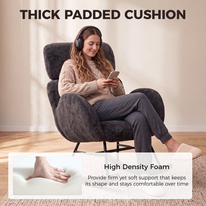 HOMCOM Upholstered Rocking Chair Adjustable Headrest Rocker Chair Raindrop Velvet Rubberwood Base Dark Grey