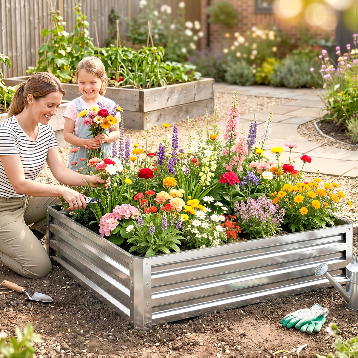 Outsunny Square Raised Garden Bed Box with Weatherized Steel Frame for Vegetables, Flowers, & Herbs, 120 x 120 x 30cm, Silver Tone