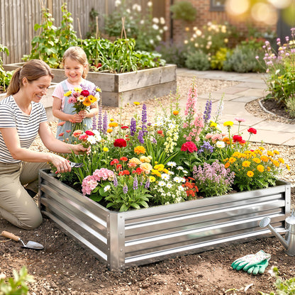 Outsunny Square Raised Garden Bed Box with Weatherized Steel Frame for Vegetables, Flowers, & Herbs, 120 x 120 x 30cm, Silver Tone