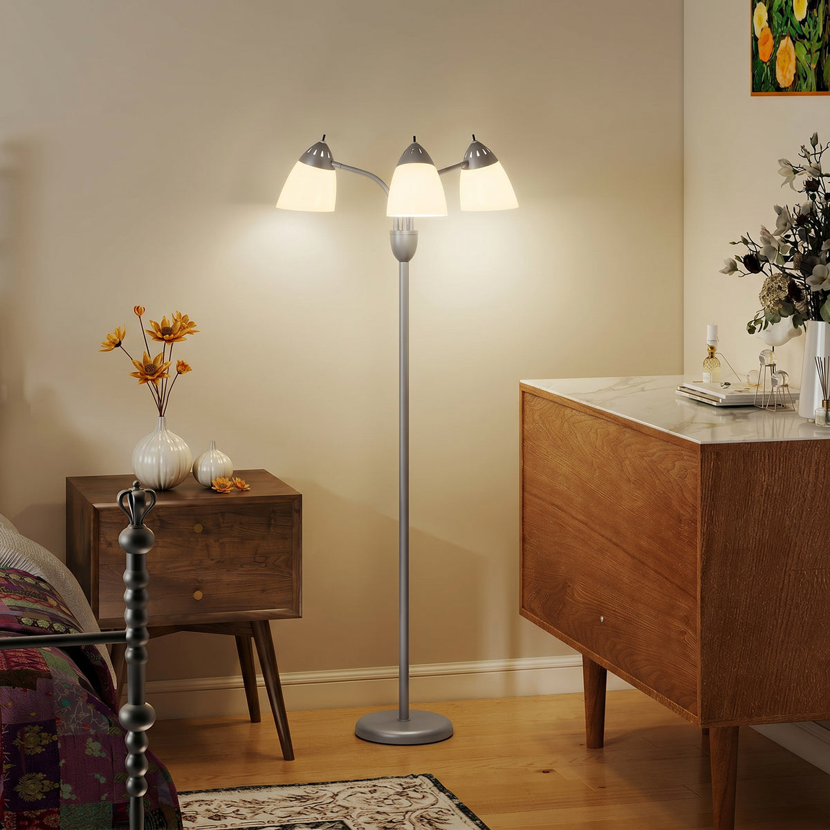 HOMCOM Arc Tree Floor Lamp with 3 Adjustable Rotating Lights and 3000K/4500K/6500K Colour Temperatures, Silver Tone