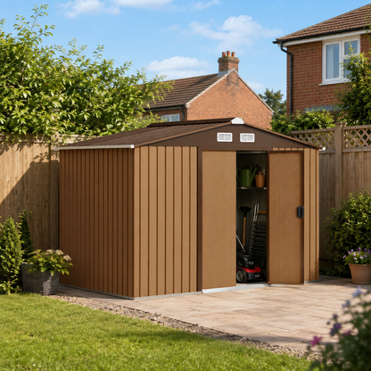Outsunny 9 x 6ft Metal Garden Shed, Outdoor Storage Tool House with Ventilation Slots, Foundation Kit and Lockable Double Doors, Light Brown