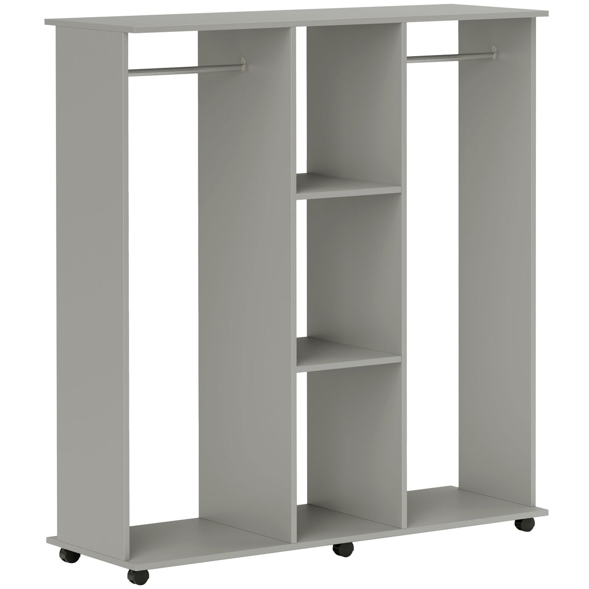 HOMCOM Open Wardrobe Double Mobile Storage Shelves Organizer W/6 Wheels-Grey