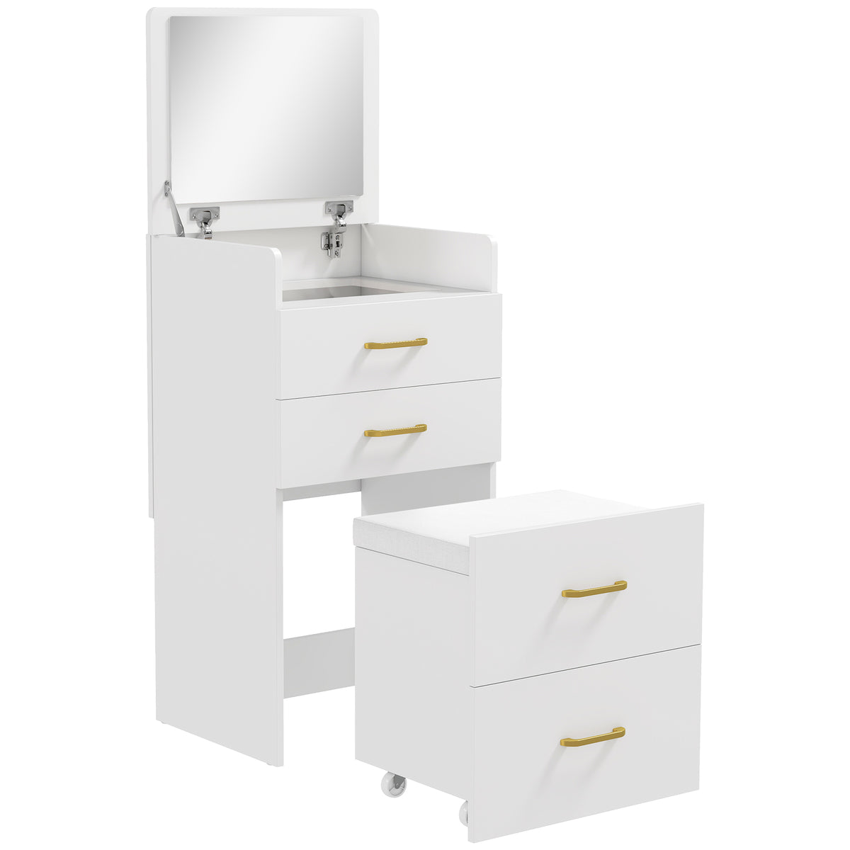 HOMCOM Compact Dressing Table and Stool Set, with Storage - White