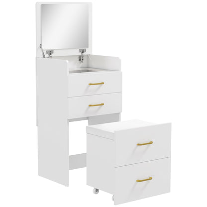 HOMCOM Compact Dressing Table and Stool Set, with Storage - White