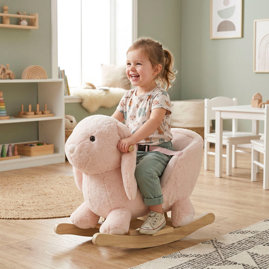 HOMCOM Baby Rocking Horse, Plush Ride On Horse, Rabbit Ride-On Toy with Sound, Wood Base, Seatbelt, for Ages 18-36 Months, Pink