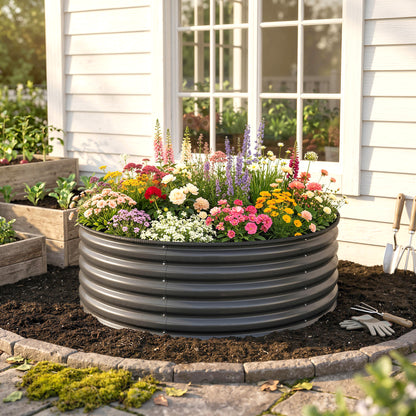 Outsunny Galvanised Raised Garden Bed with Safety Edging, Outdoor Raised Planter Box with Gloves, 120 x 120 x 43cm, Dark Grey