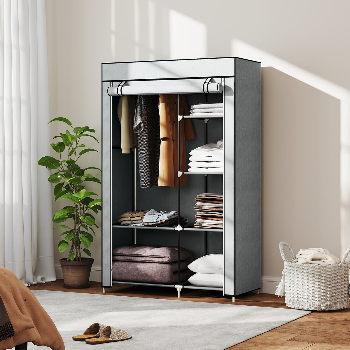 HOMCOM Fabric Wardrobe w/ Shelves Hanging Rail Foldable Wardrobe Light Grey