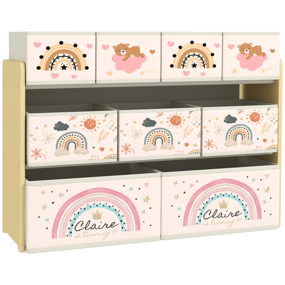 AIYAPLAY 3-Tier Kids Storage Unit with 9 Non-Woven Fabric Boxes for Toys, Books, for Bedroom, Nursery, Yellow