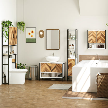 HOMCOM Under Sink Bathroom Cabinet, Rustic Under Sink Cabinet for Basin with or without Pedestal, Cream White and Walnut