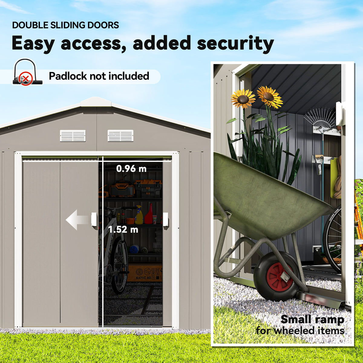 Outsunny 13 x 11ft Large Garden Shed, Mental Garden Storage Shed with Foundation Kit Ventilation & Doors, Light Grey