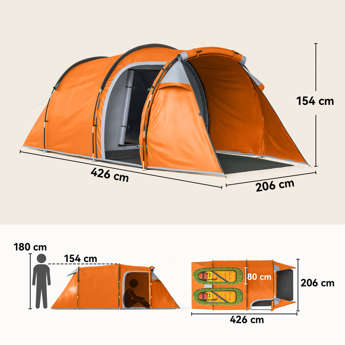 Outsunny 2 Man Tunnel Tent with Sewn-in Groundsheet, Air Vents, Rainfly, 2000mm Large Camping Tent with Bedroom, Porch, Living Area for Camping, Hiking, 426L x 206W x 154H cm, Orange