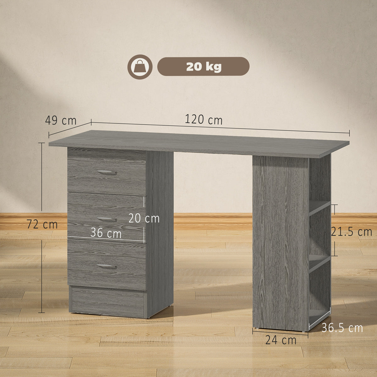 HOMCOM Computer Desk with Drawers, Home Office Desk, Writing Table, PC Workstation with 3 Storage Shelves for Working, Study, 120 x 49 x 72 cm, Grey