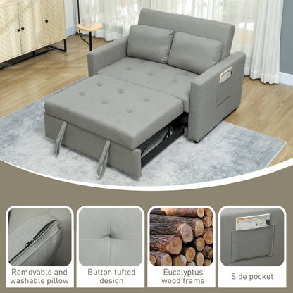 HOMCOM Loveseat Sofa Bed, Convertible Bed Settee with 2 Pillows, Side Pockets, Light Grey